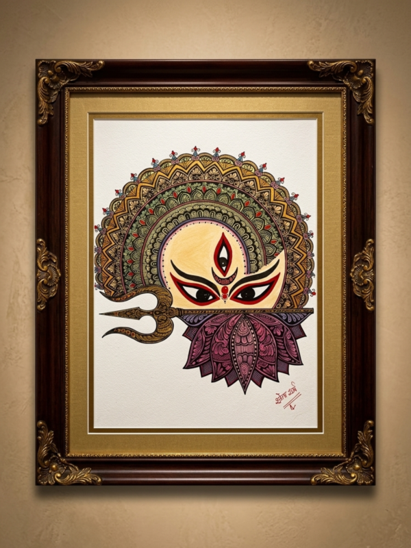 Framed Goddess Durga Face Art with Trishul Mandala Design