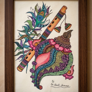 Framed Krishna Flute Art with Mandala Peacock Feather Design