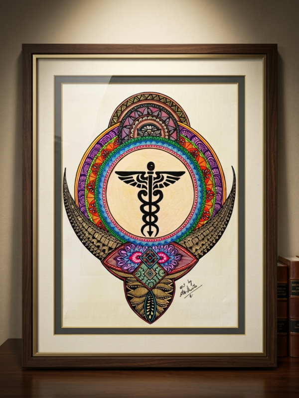 Framed Caduceus and Mandala Symbol Art