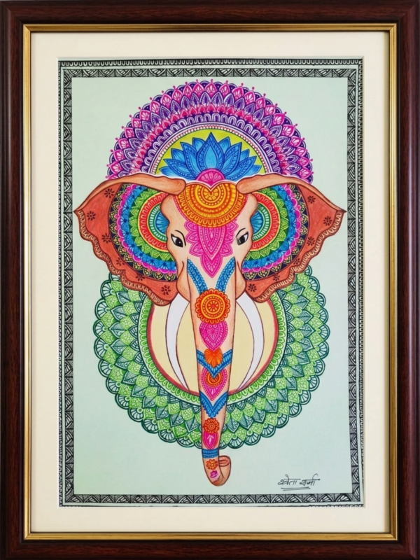 Framed Elephant Mandala Art with Colorful Sacred Design